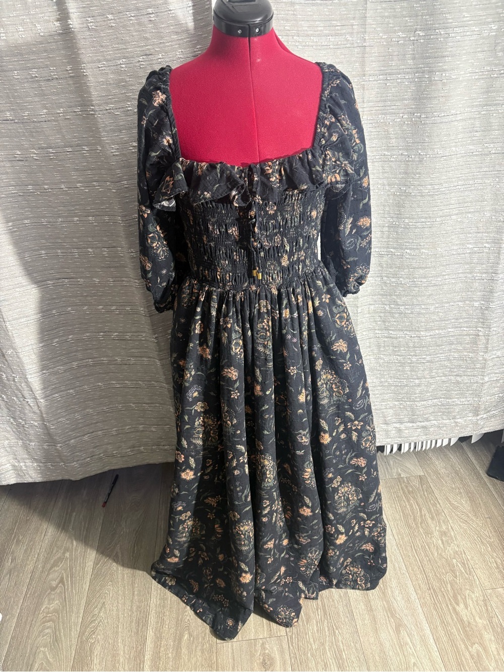 Free People Black Midi Dress with Beige Floral Print